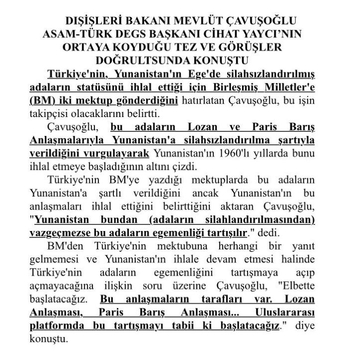ÇAVUŞOĞLU: CİHAT YAYCI'NIN GÖRÜŞLERİNİ BENİMSİYOR VE TAKDİR EDİYORUZ.