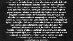 Doğukan Emeksiz'den, Yeni Malatyaspor'a yanıt: "Kulüp başkanımız bana ağza alınmayacak küfürler etti"