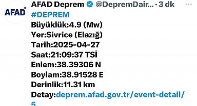 Elazığ'da 4,9 büyüklüğünde deprem