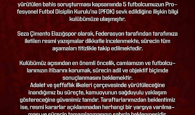 Elazığspor: "Gelişmeler kulübümüz tarafından izlenmekte"
